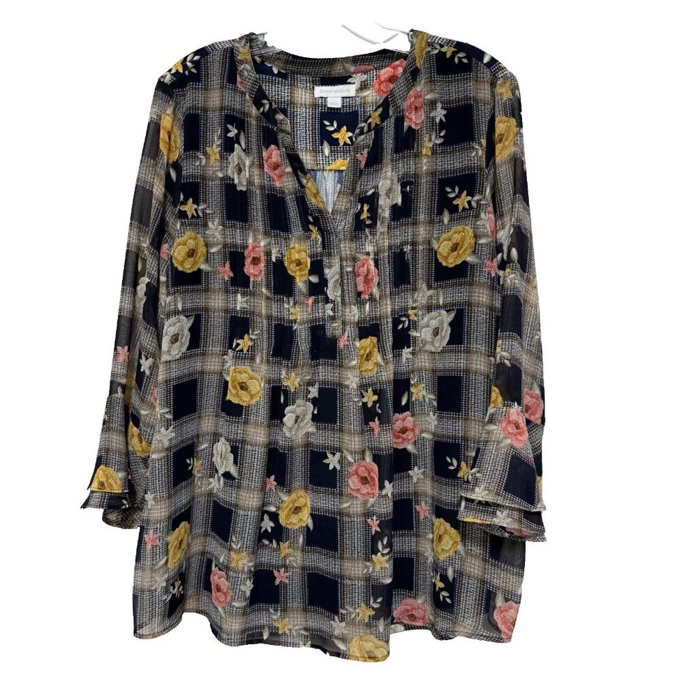 Charter Club Womens Large L Top Blouse Floral Split Neck Bell Sleeve Pleated